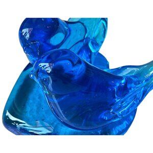 Handcrafted Blue Glass Bluebirds of Happiness Figurines On Heart-Shaped Base